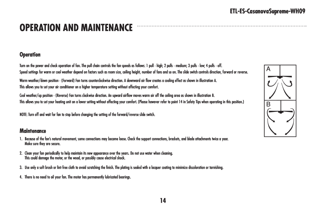 Westinghouse 78126 owner manual Operation And Maintenance, ETL-ES-CasanovaSupreme-WH09 